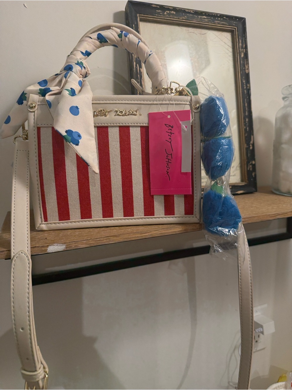 Betsey Johnson Cream & Red Striped Box Crossbody with Blue Scarf Accenta